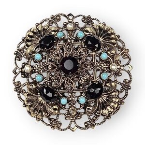 Czech Glass Filigree Brooch Layered Flower Faux Pearl Turquoise Brass Vintage 2"